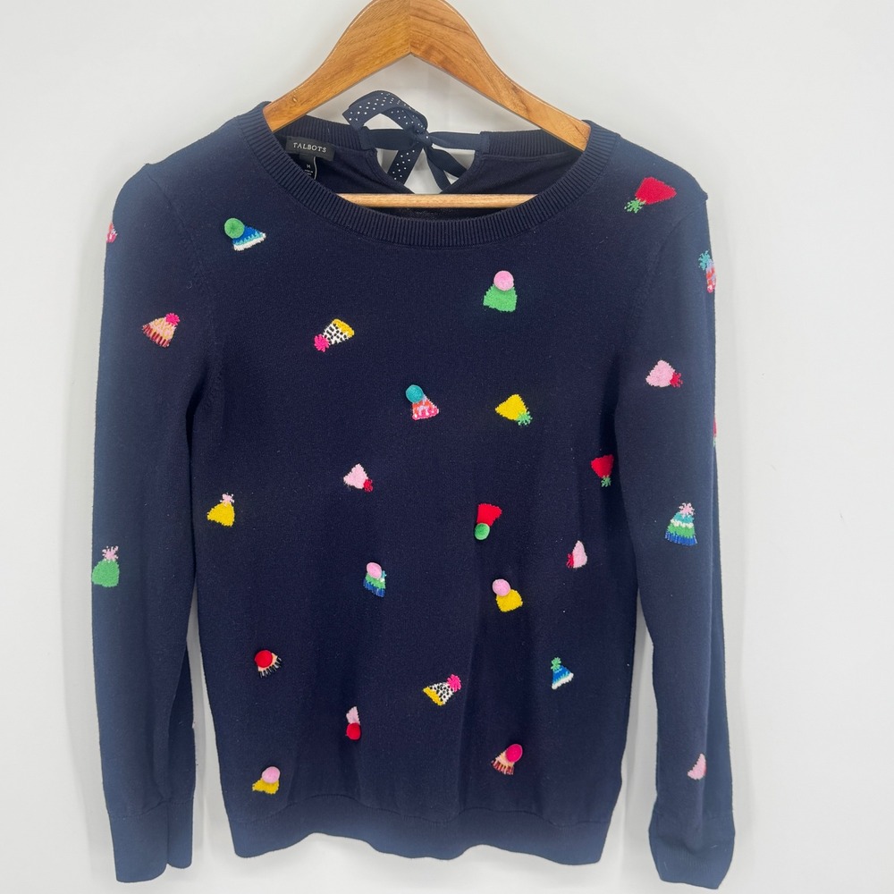 Talbots Party Hats Sweater Womens M Navy Embroidered Party Festive Novelty